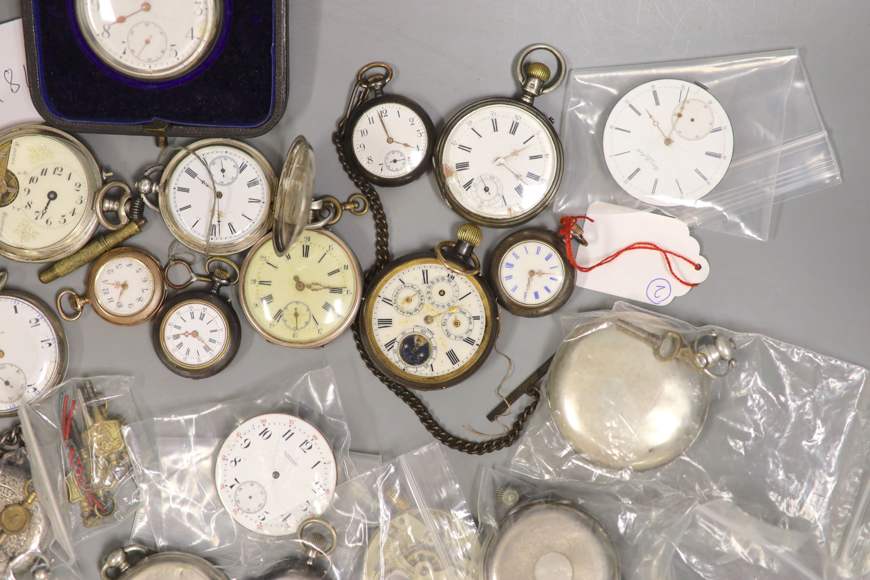 A quantity of pocket watches, movements etc. including three Hebdomas, one 800 standard, a Zenith, Longines, mostly a.f.